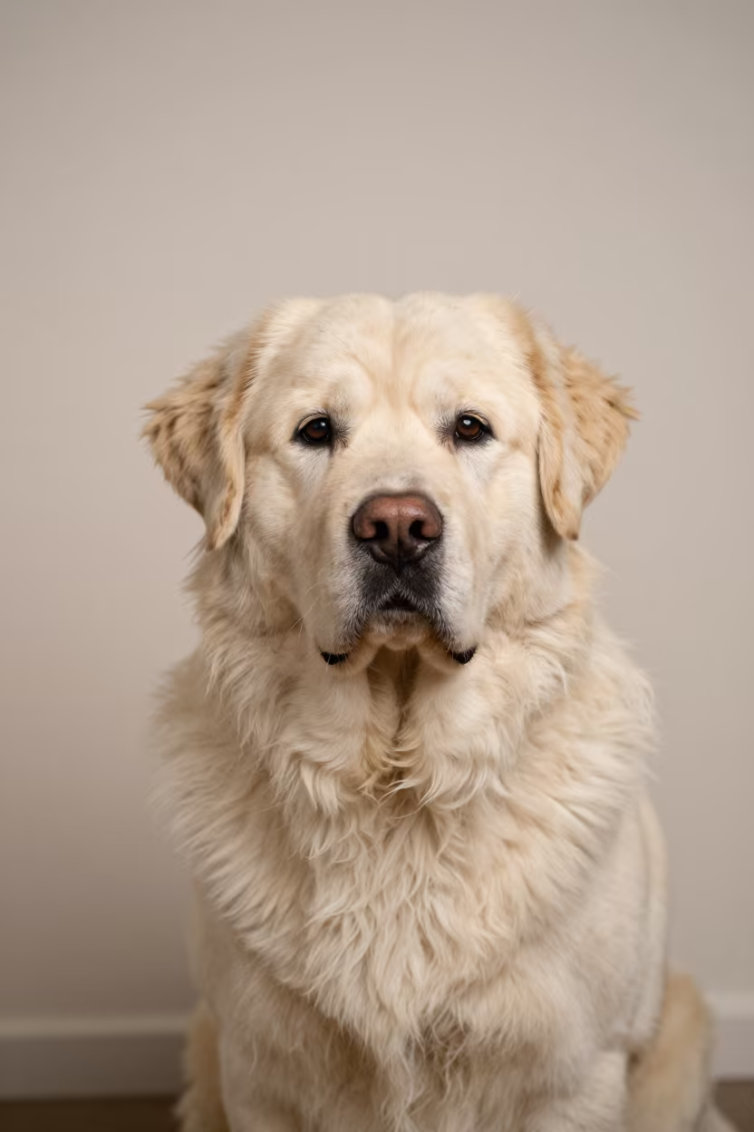 Newfoundland Portrait in Natal Studio in in a quiet portrait studio with a plain backdrop and eye-level framing in Natal