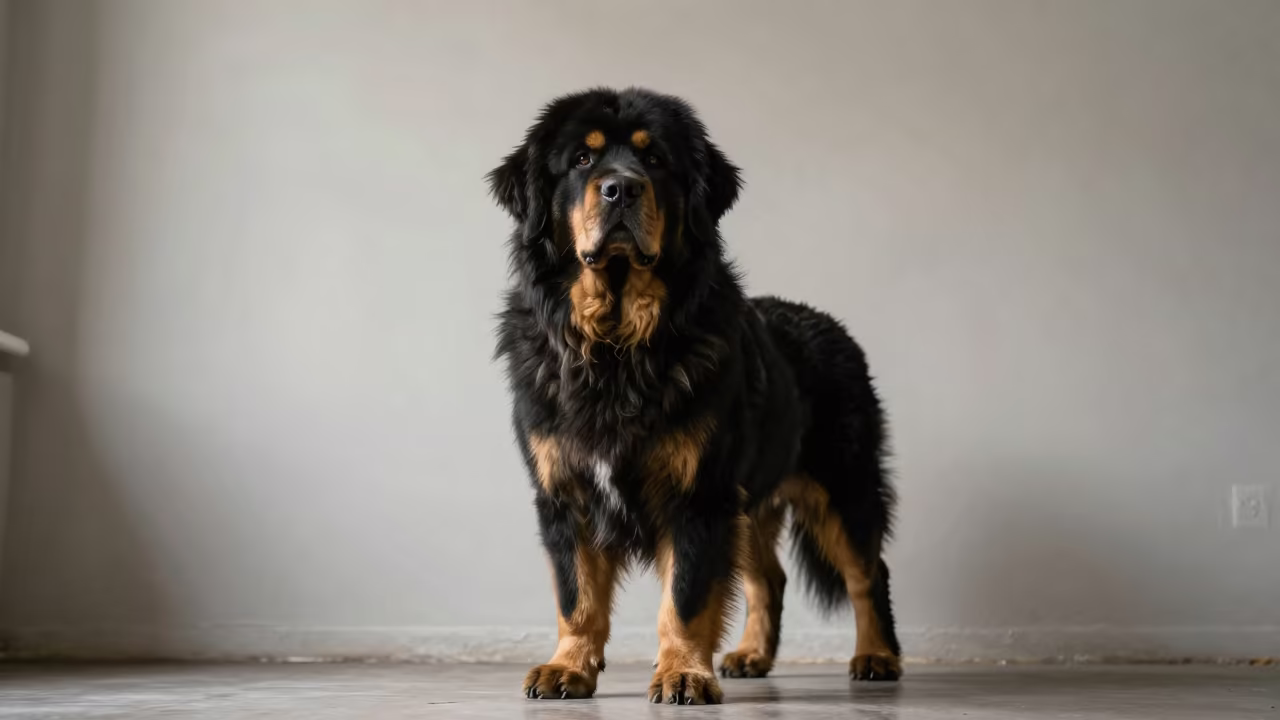 Newfoundland Portrait in Potsdam Soft Indoor Light in beside a plain plaster wall in soft indoor light with the animal centered in frame in Potsdam