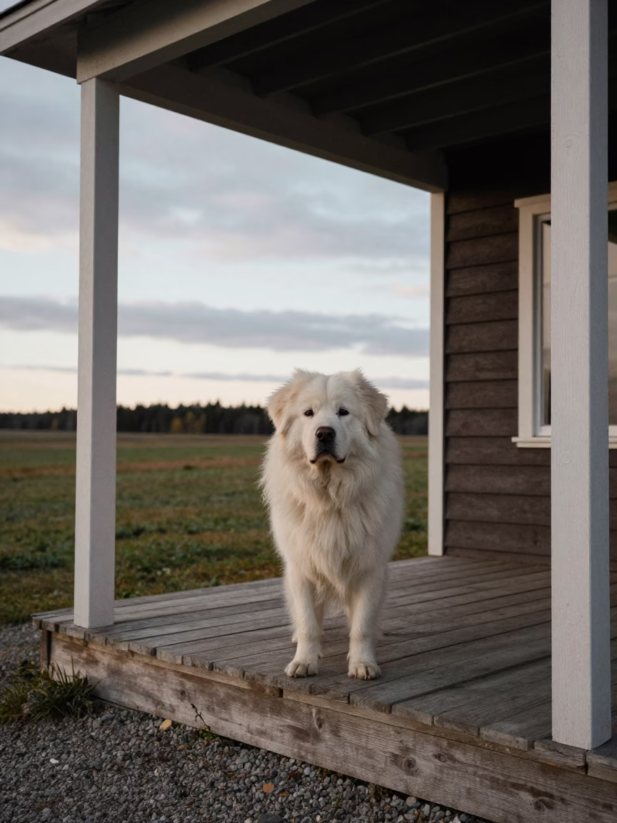 Newfoundland Portrait on Minsk Porch in Dawn Light in on a shaded front porch with boards, railings, and eye-level framing in Minsk