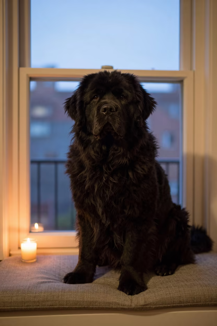 Newfoundland Portrait on Window Seat Twilight Glow in on a cushioned window seat with soft side light and an uncluttered background in Pocitos, Montevideo