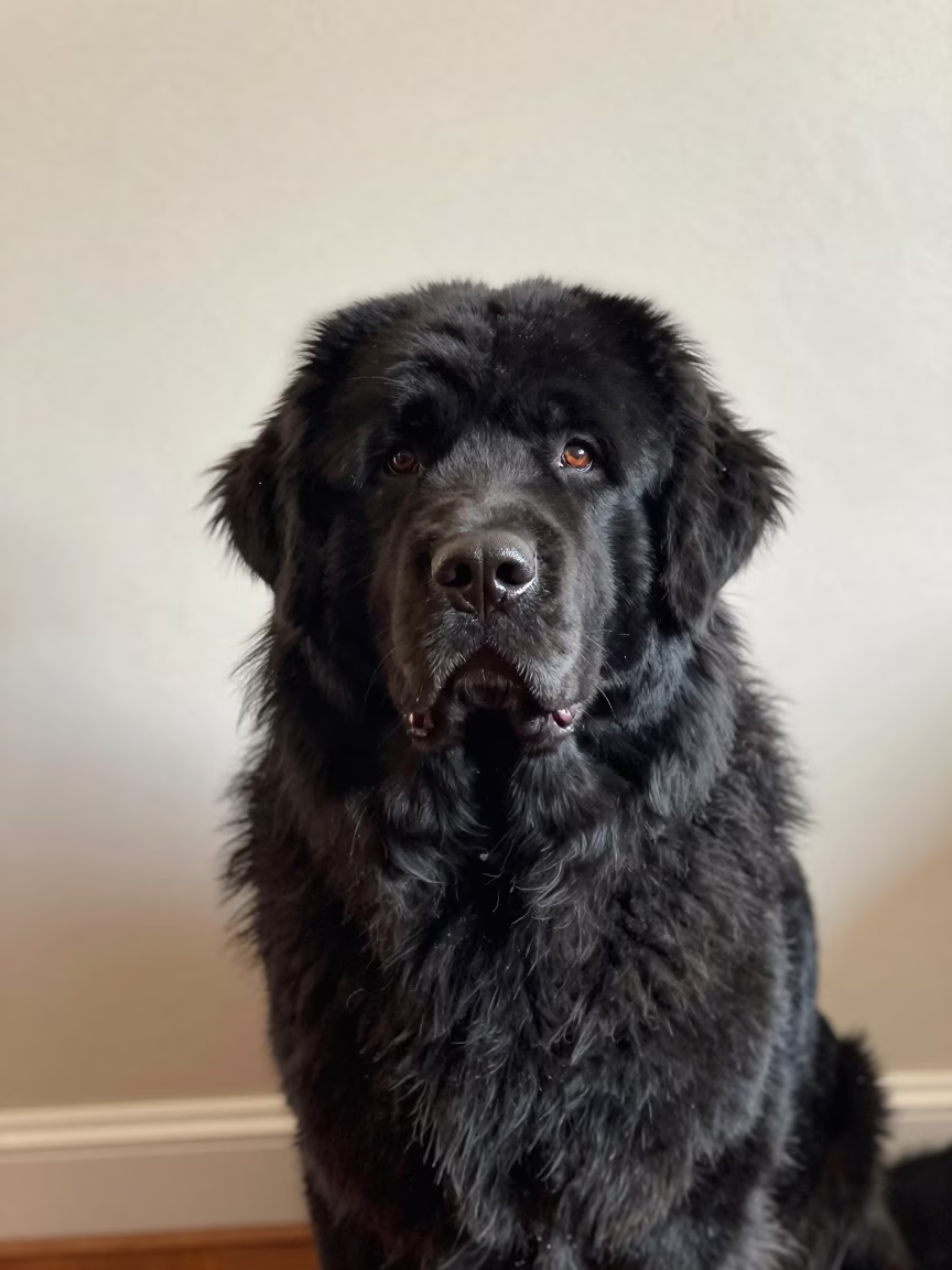 Newfoundland Portrait with Textured Coat in Soft Light in beside a plain plaster wall in soft indoor light with the animal centered in frame near Oral
