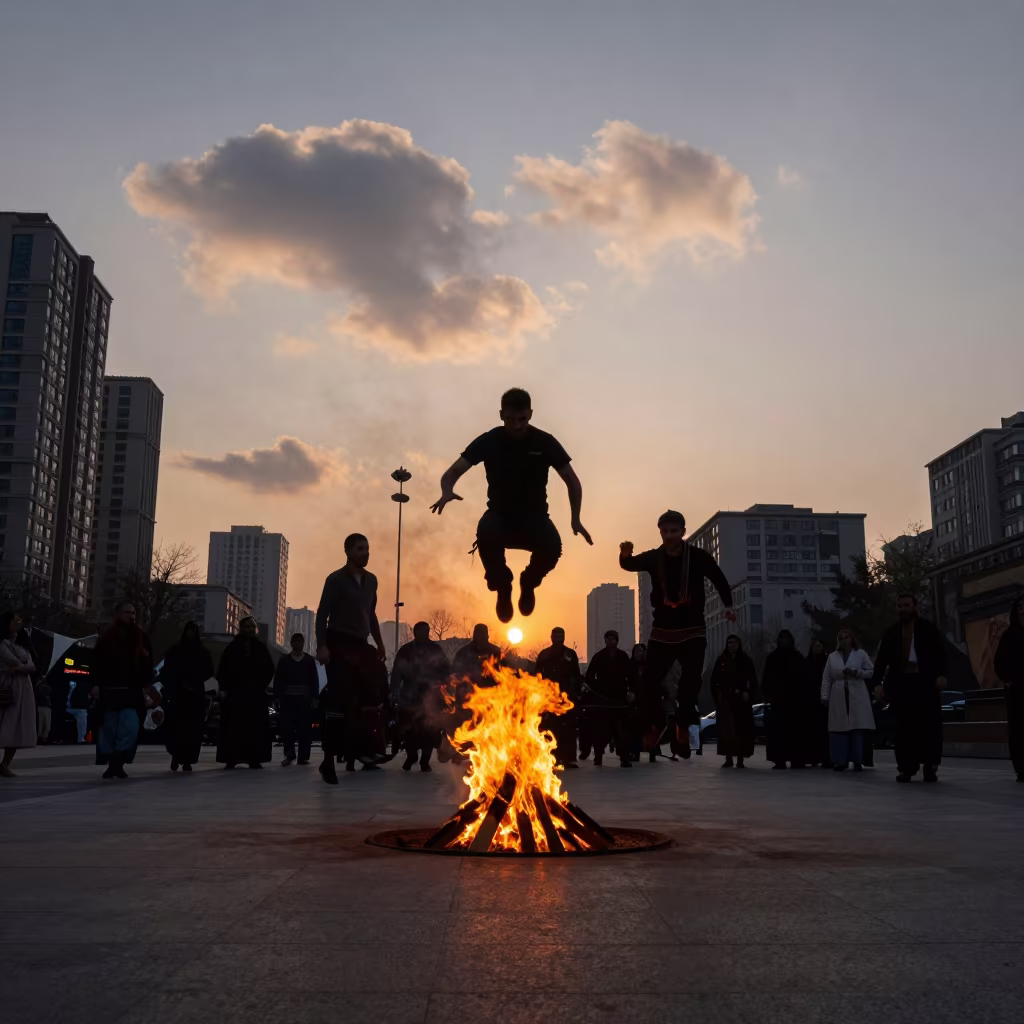 Silhouetted Newroz Fire Jumpers at Shanghai Square in at a public square during a festival near Shanghai