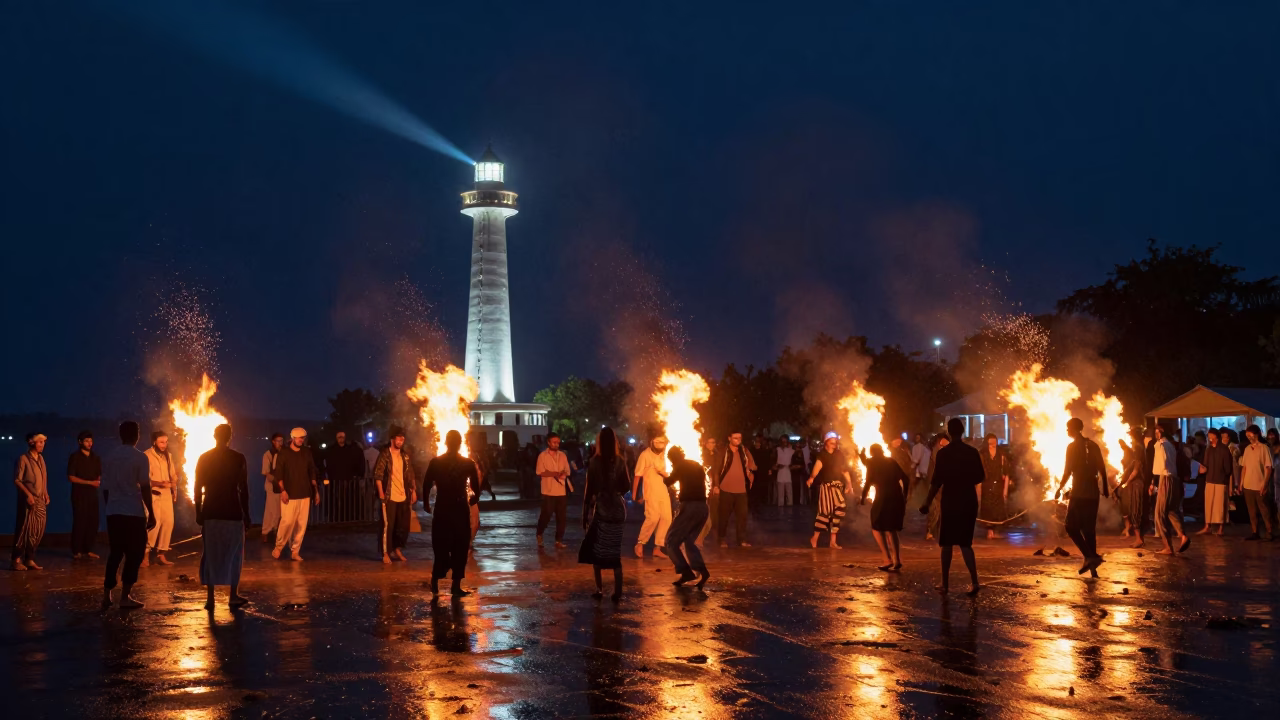 Newroz Fire Jumping Dala Yangon Monsoon Night in at a waterfront celebration in Dala, Yangon