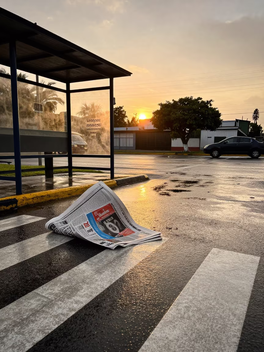 Newspaper Blowing Across Loja Crosswalk in beside a steamed-up bus shelter in Loja
