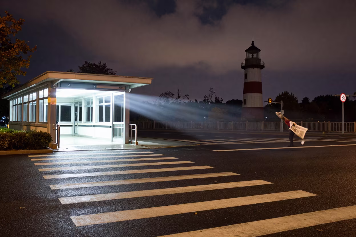 Newspaper Blowing Across Night Crosswalk in outside a metro entrance in Wenzhou