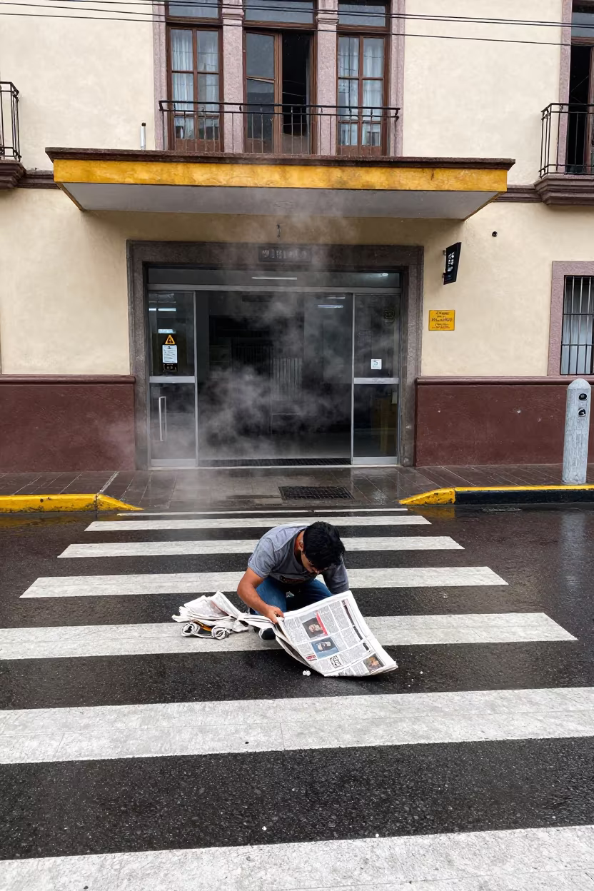 Newspaper Blowing Across Oruro Crosswalk in outside a metro entrance in Oruro