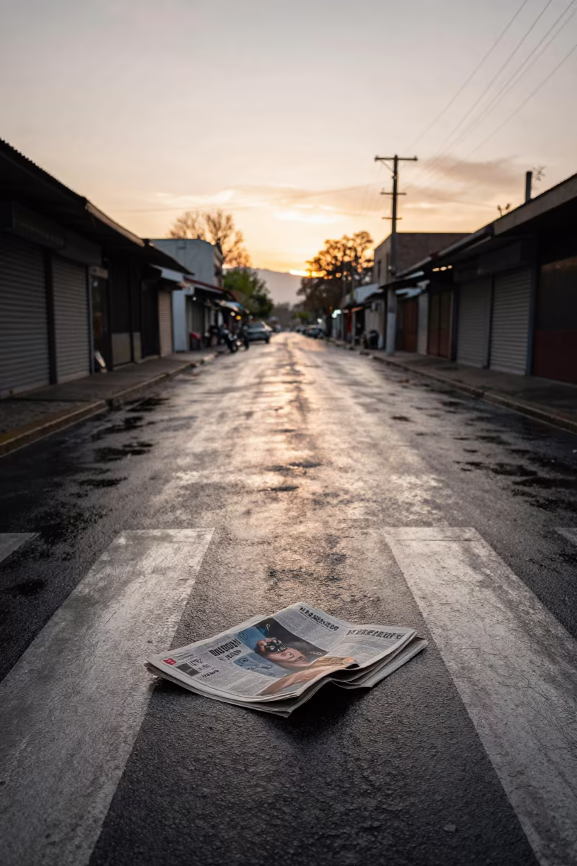 Newspaper Blowing Across Deserted Guadalupe Crosswalk in along a market-lined side street in Guadalupe