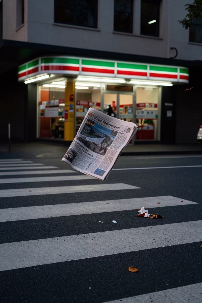 Newspaper Blows Across Sydney Crosswalk at Dawn in outside a fluorescent convenience store in Sydney