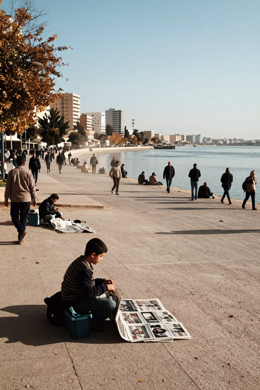 Newspaper Boy at Sfax Riverside Autumn Corner in near a riverside landing in Sfax