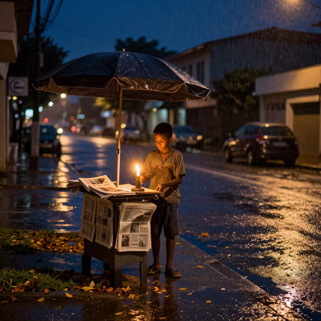 Newspaper Boy in Soubré Monsoon Night in near Soubré