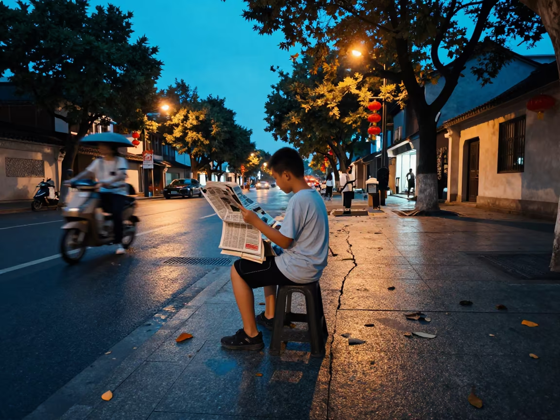 Newspaper Boy in Suzhou Blue Hour in near Suzhou