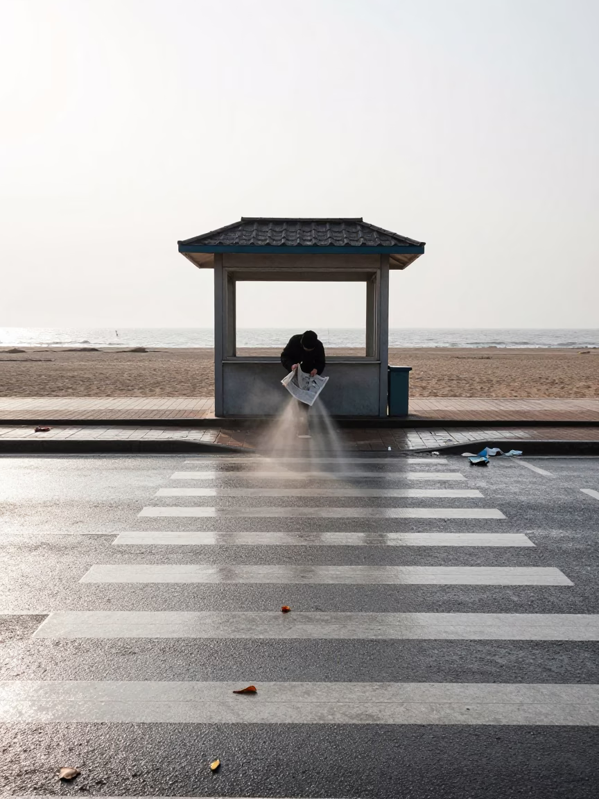 Newspaper Flutters Across Rain-Darkened Crosswalk in Gaya in by a rain-darkened kiosk in Gaya