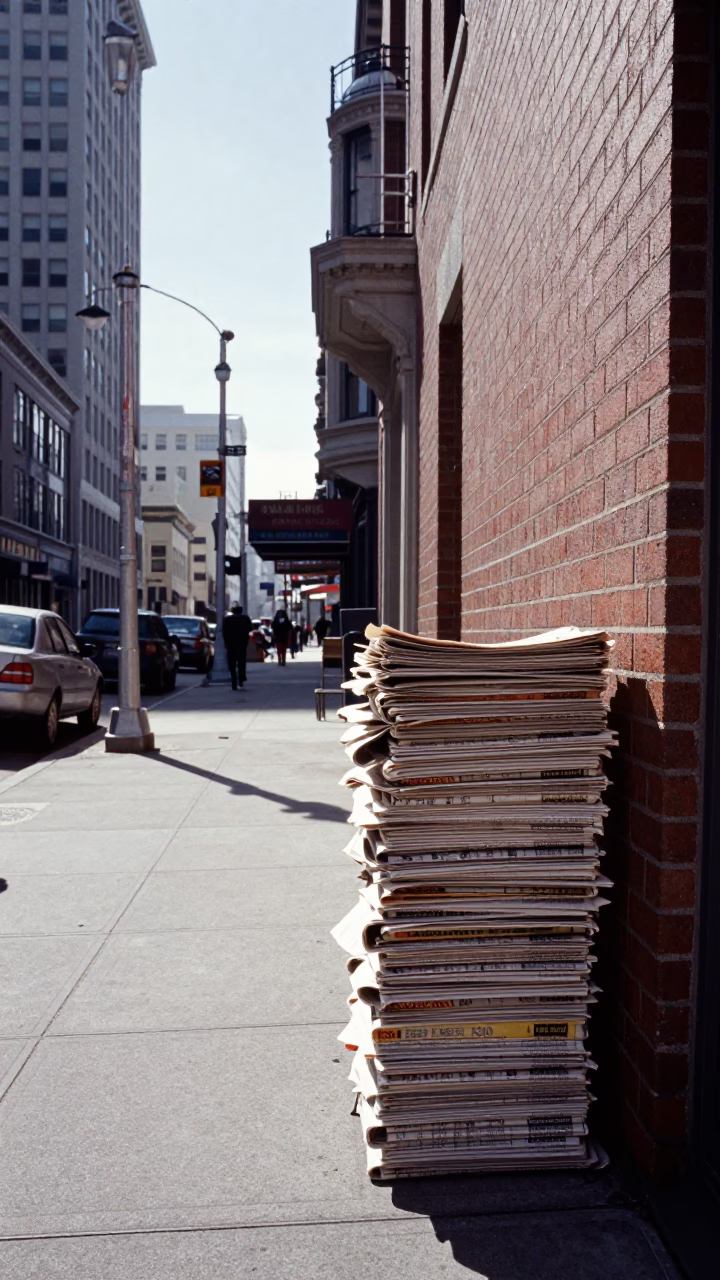 Newspaper Stack in San Francisco at Noon Light in in San Francisco, California, United States