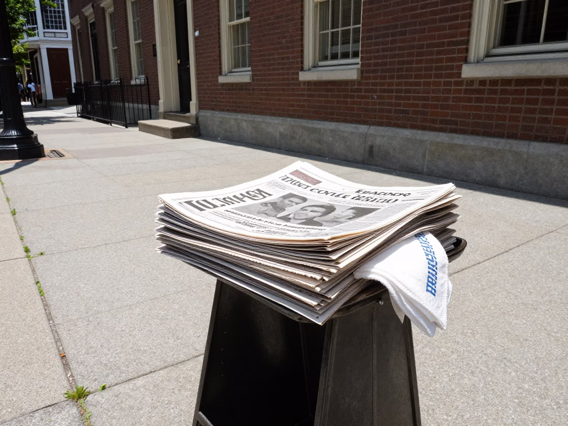 Newspaper stacks and handkerchief on Philadelphia street corner during bright midmorning in in Philadelphia, Pennsylvania, United States