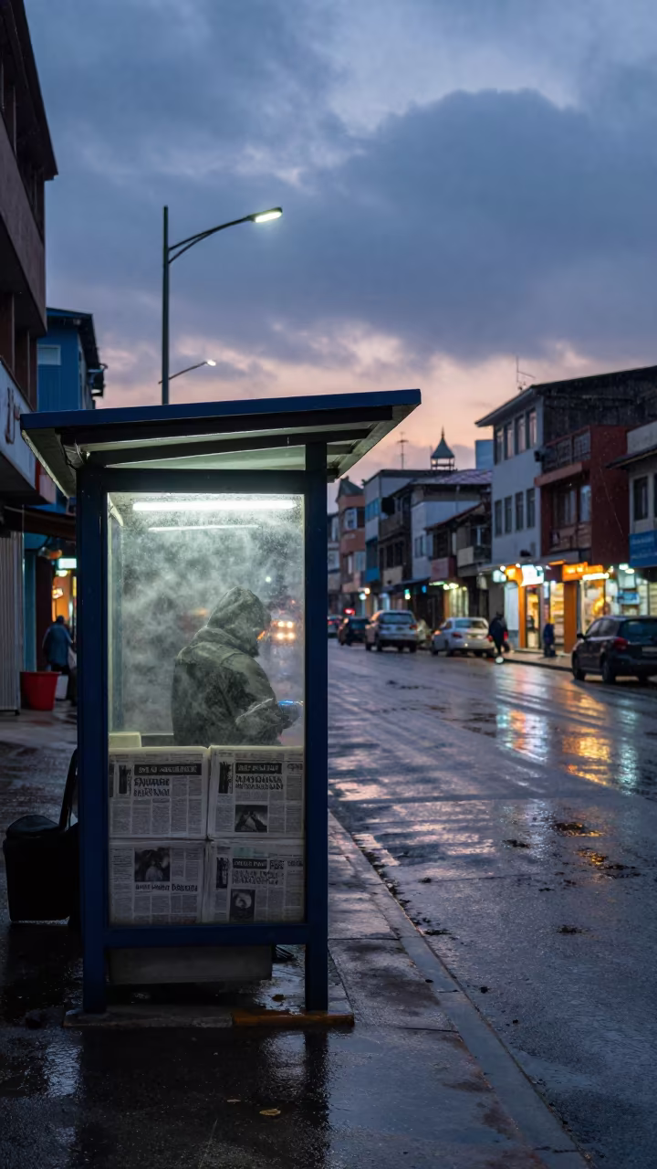 Newspaper Stand Reflections in Sleet Twilight Taloqan in beside a steamed-up bus shelter in Taloqan