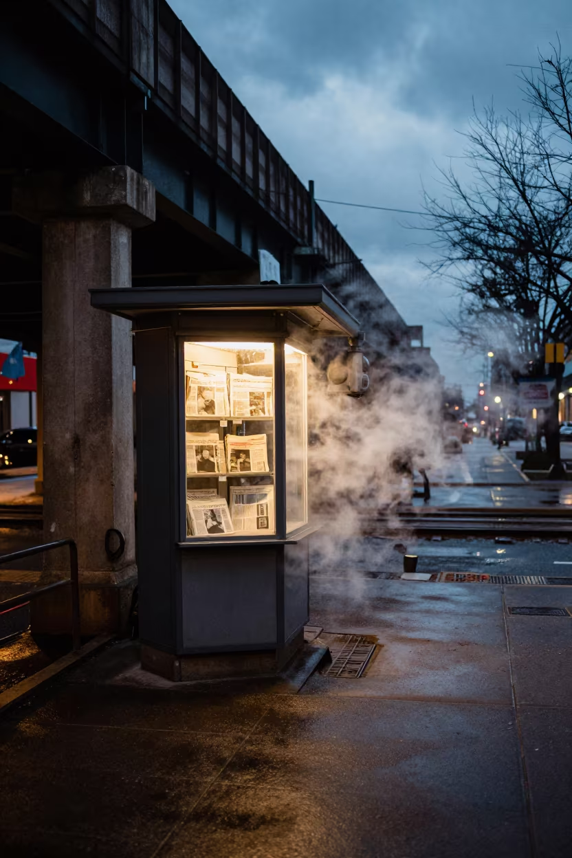 Newspaper Stand Under Train Tracks in Winter Twilight in under an elevated train line in Hartford