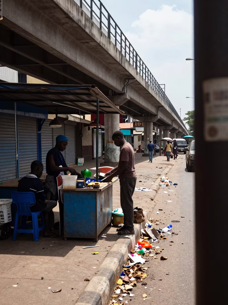 Newsstand Closing Under Train Line in Abeokuta Rain in under an elevated train line in Abeokuta