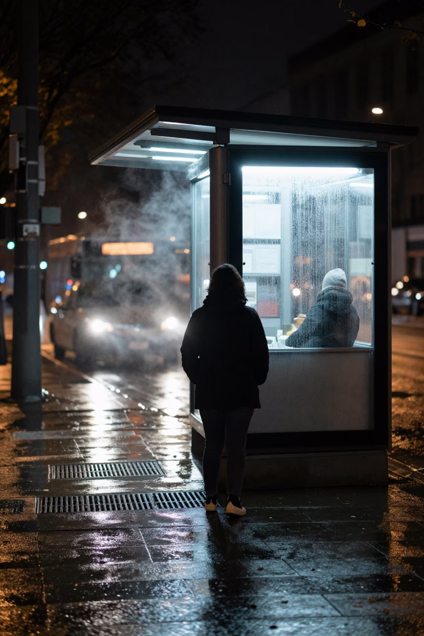 Newsstand Corner Under Headlights After Midnight Rain in beside a steamed-up bus shelter in Latina