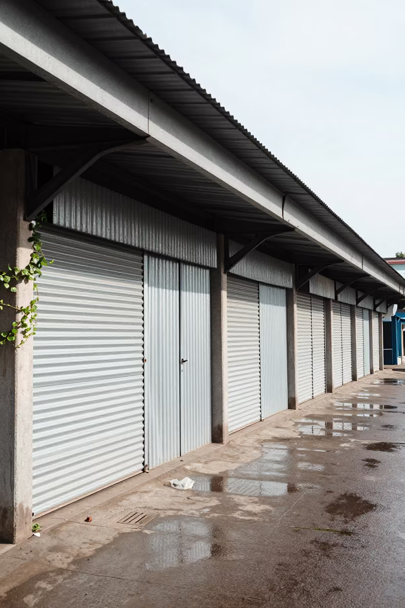 Newsstand Under Rail Overpass in Mwanza Noon in along a shuttered arcade in Mwanza