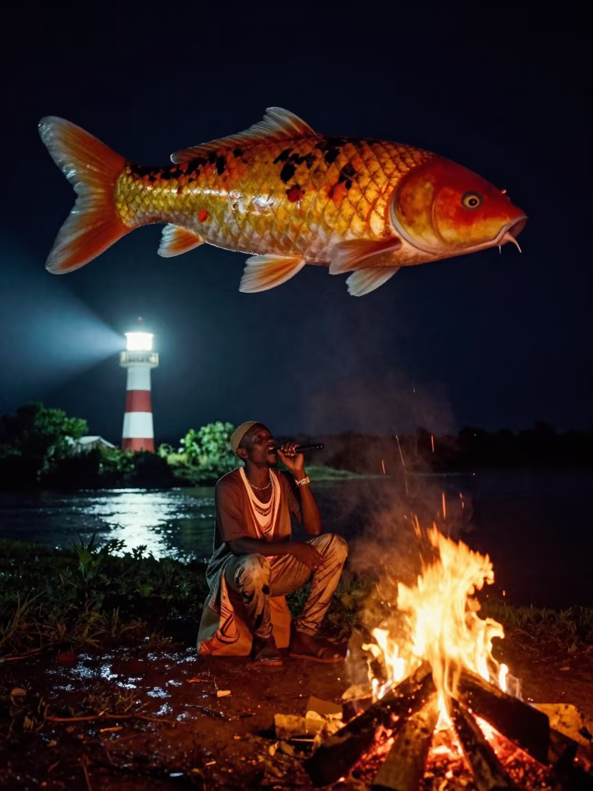 Ngoni Player Singing by River Fire Under Giant Koi in near Ceyhan