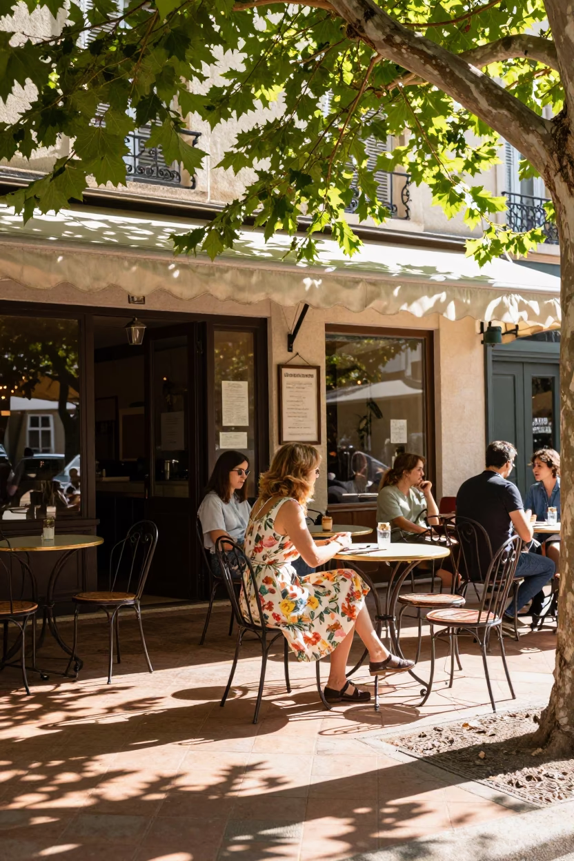 Nice Cafe Scene at Bright Midmorning Light in in Nice, France