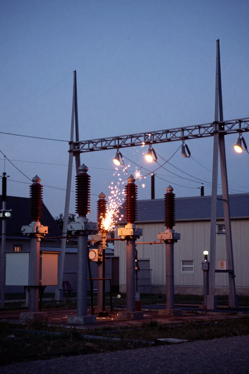 Nice France Before Sunrise Substation Insulators Sparkling Under Floodlights in in Nice, France