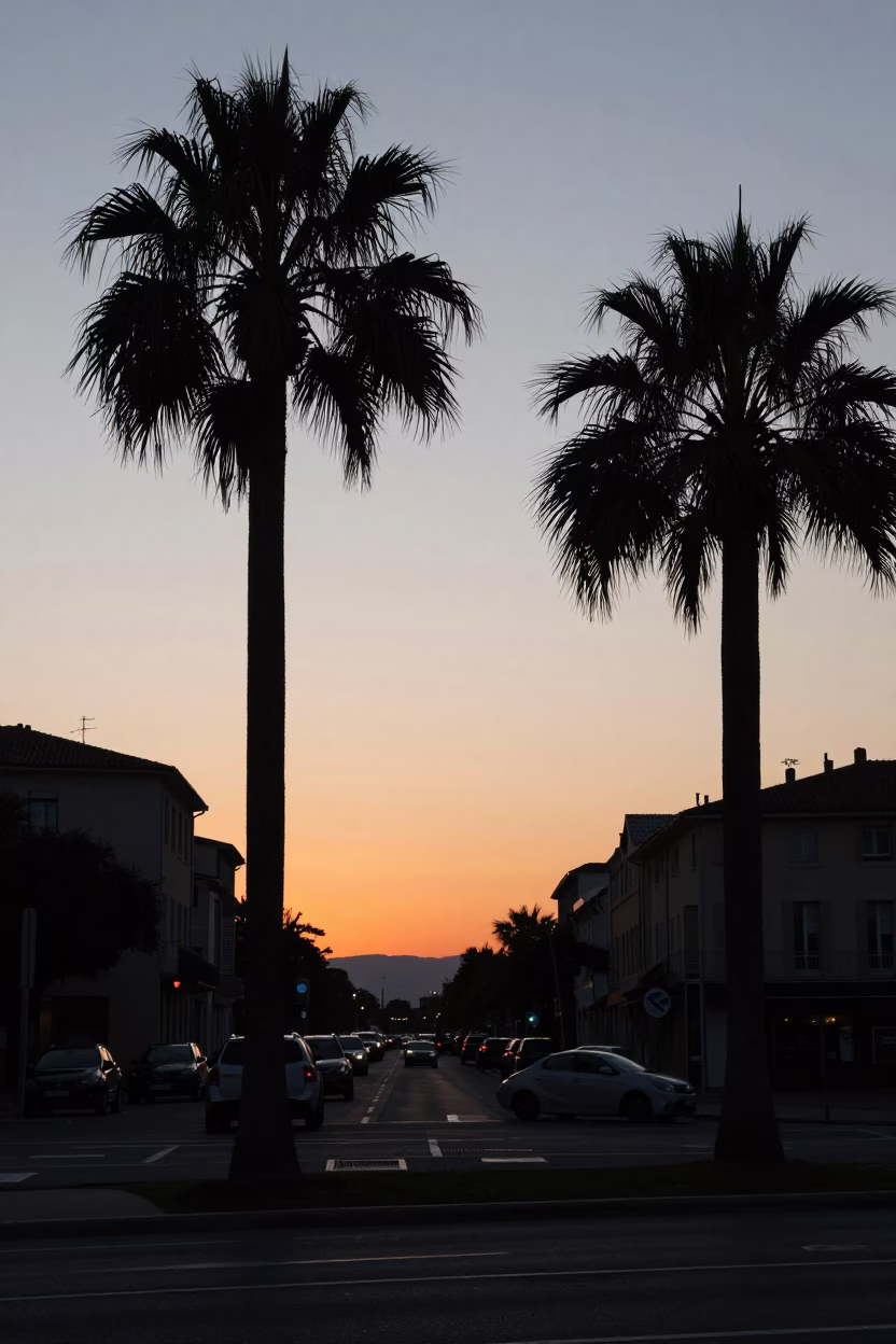 Nice France Early Evening Palm Tree Silhouette Sunset Street Scene in in Nice, France