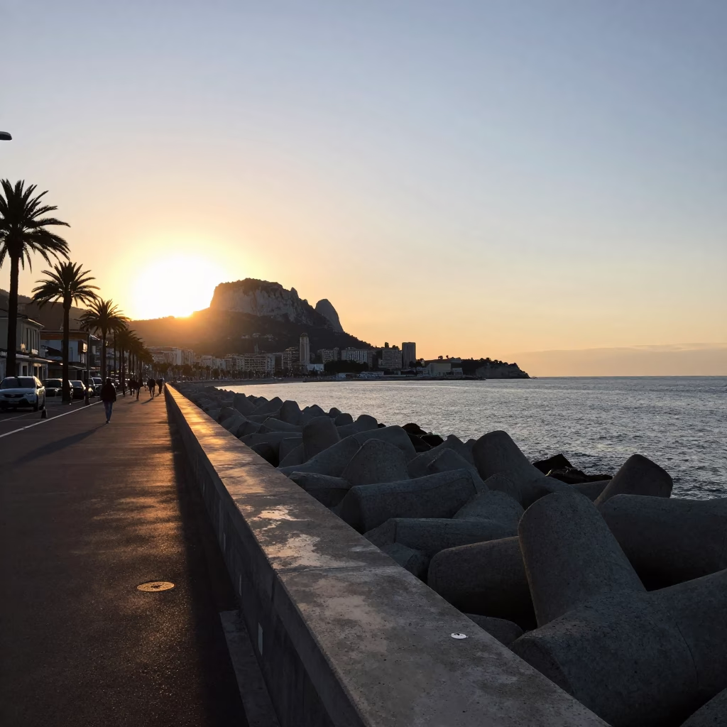 Nice France Early Evening Promenade des Anglais Coastal Breakwater Warning Beacons Dusk in in Nice, France