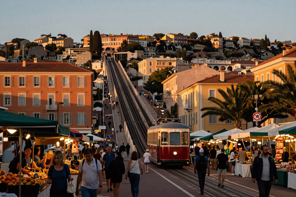 Nice France Early Evening Street Scene with Funicular and Market Activity in in Nice, France