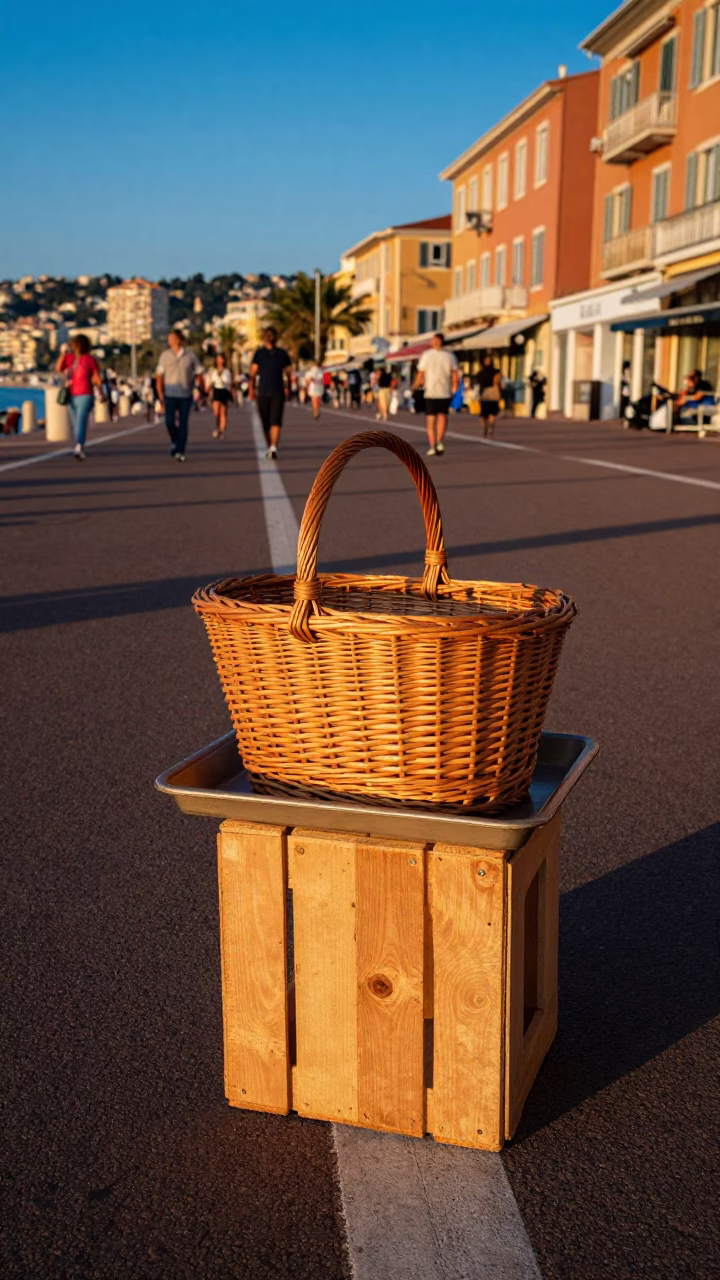 Nice France Early Evening Street Scene with Wicker Basket and Tea Infuser in in Nice, France