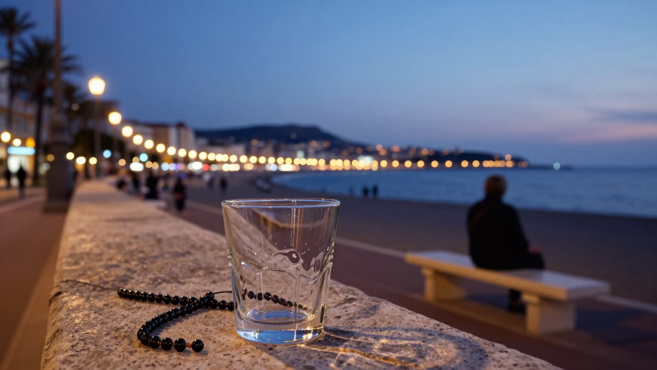 Nice France Evening Street Scene with Glass Tumbler and Beaded Sandals at Dusk in in Nice, France