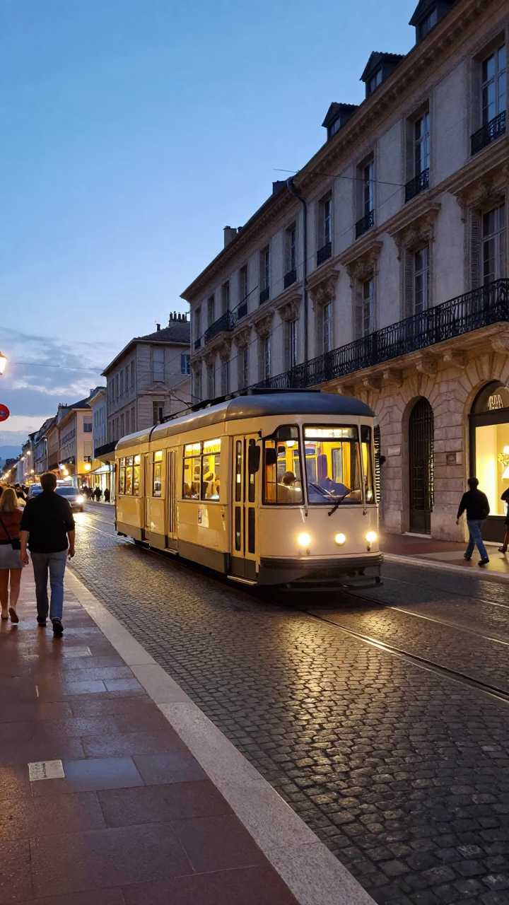 Nice France Evening Street Scene with Heritage Tram and Cobblestone Avenue Lights in in Nice, France