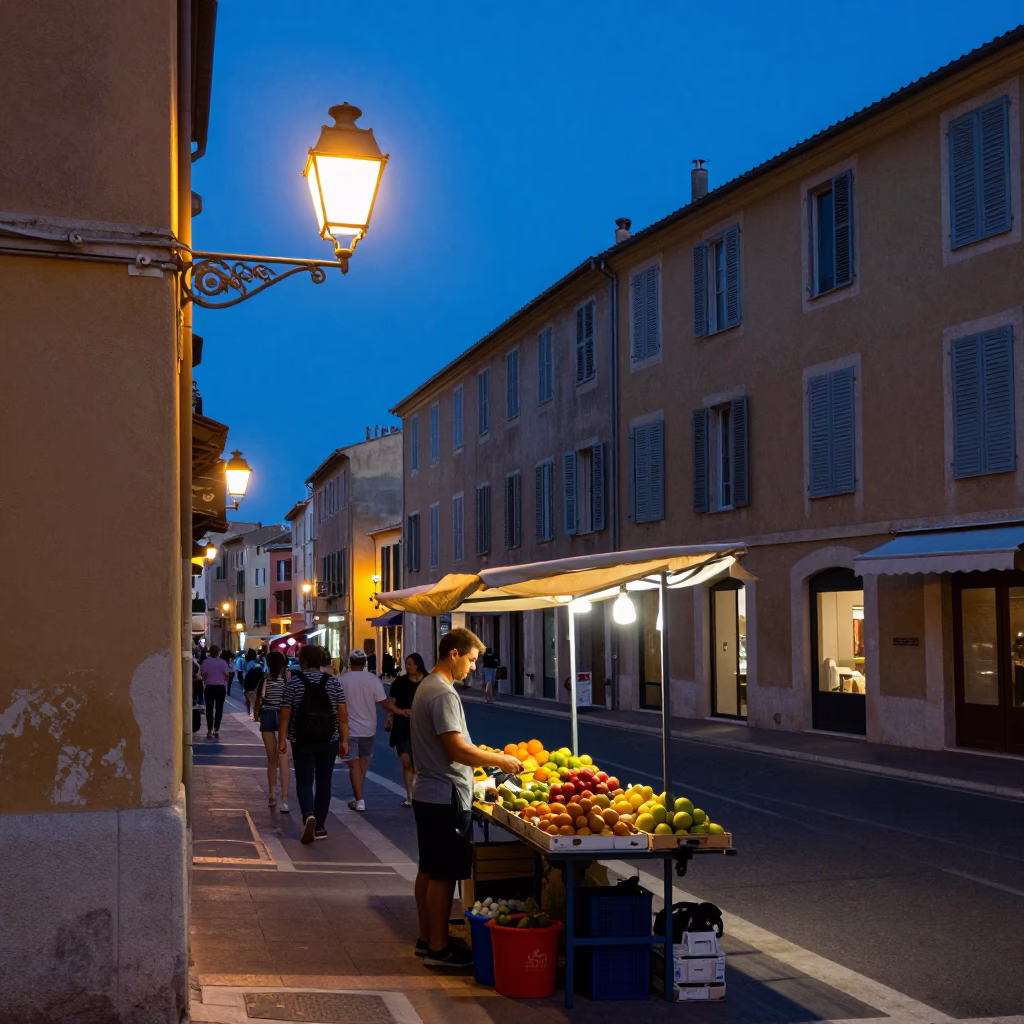 Nice France evening street scene with lampshade and local ambiance in in Nice, France
