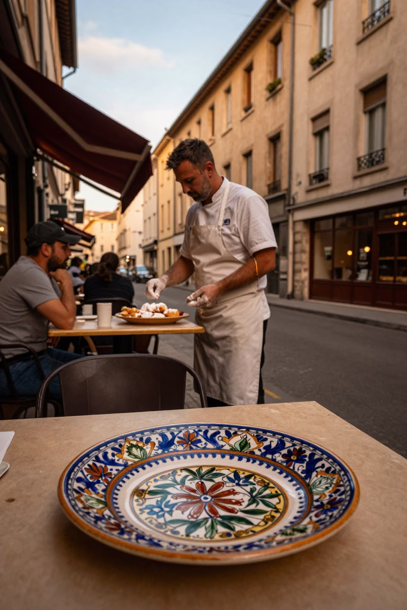Nice France Evening Street Scene with Vintage Italian Majolica Plate and Pastry Chef in in Nice, France