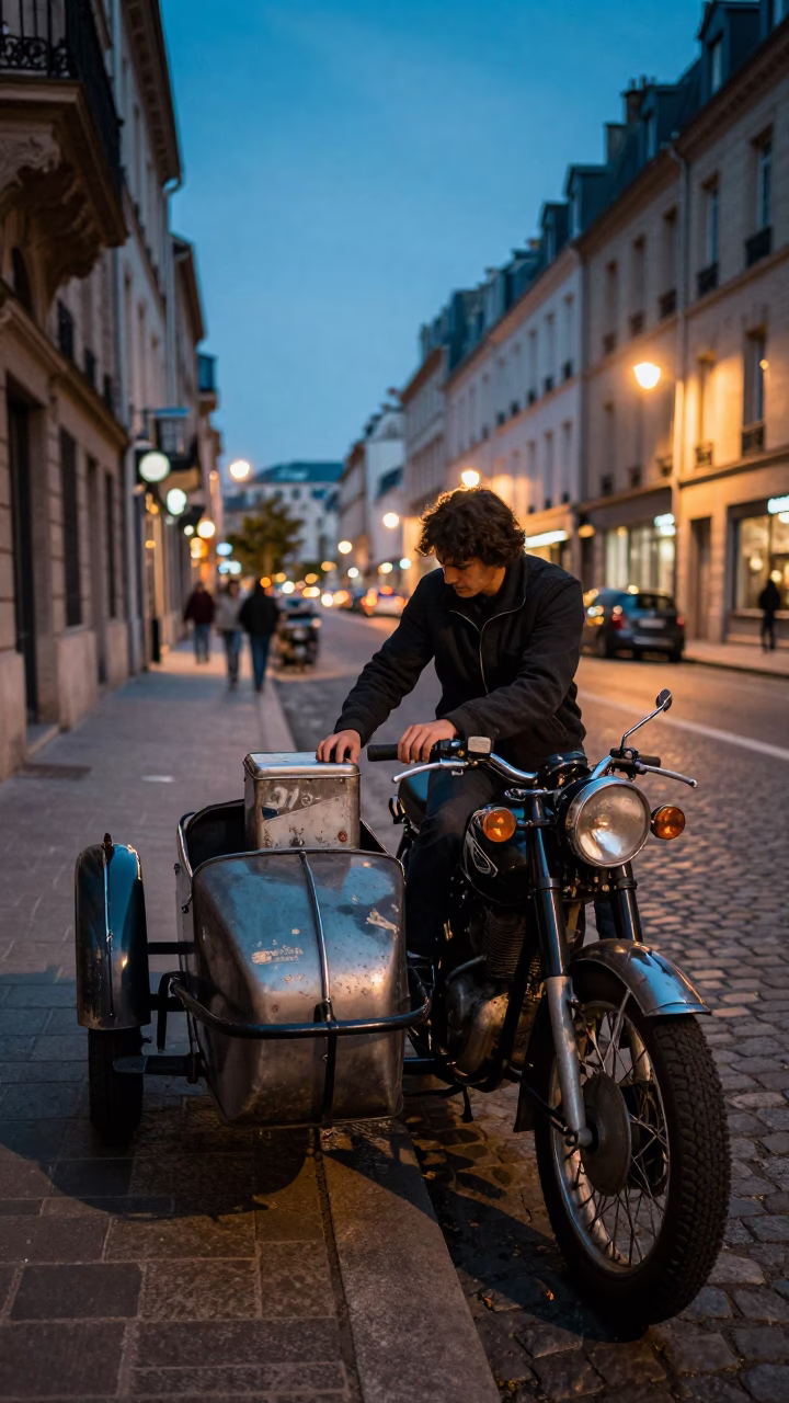 Nice France Evening Street Scene with Vintage Motorcycle and Tin Box in in Nice, France