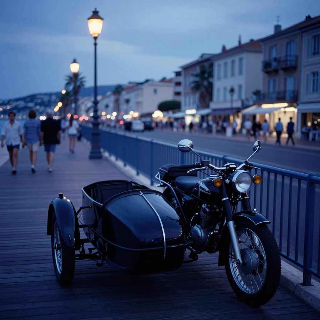 Nice France Evening Street Scene with Vintage Motorcycle Sidecar and Carnival Mask in in Nice, France