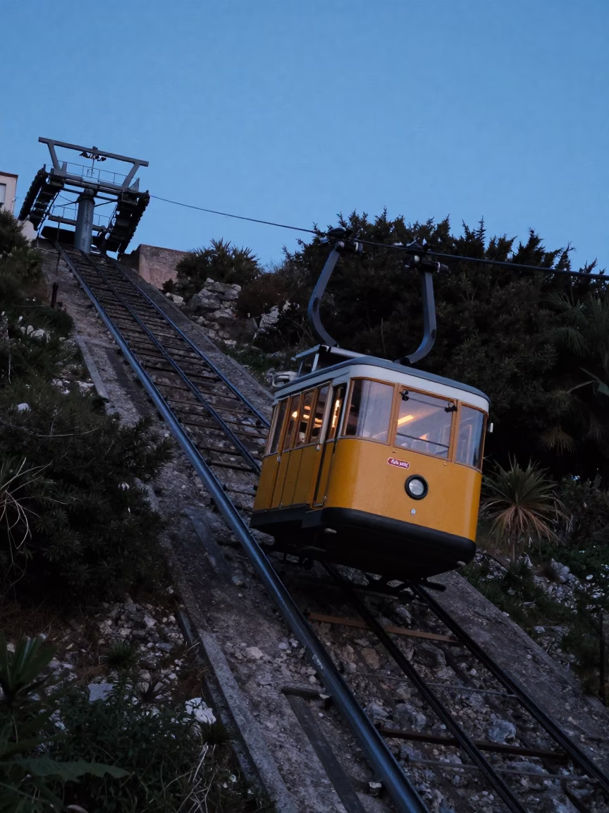 Nice France Funicular Climbing Steep Hill in Blue Hour Evening Light in in Nice, France