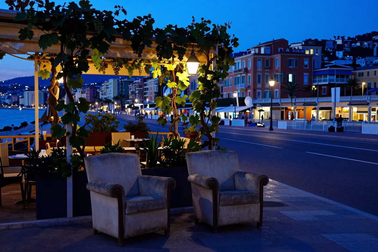 Nice France Indigo Twilight Street Scene with Armchairs and Grapevine Clusters in in Nice, France