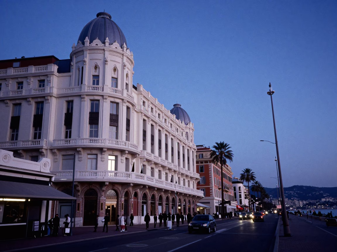 Nice France indigo twilight street scene with art deco hotel facade and evening pedestrians in in Nice, France