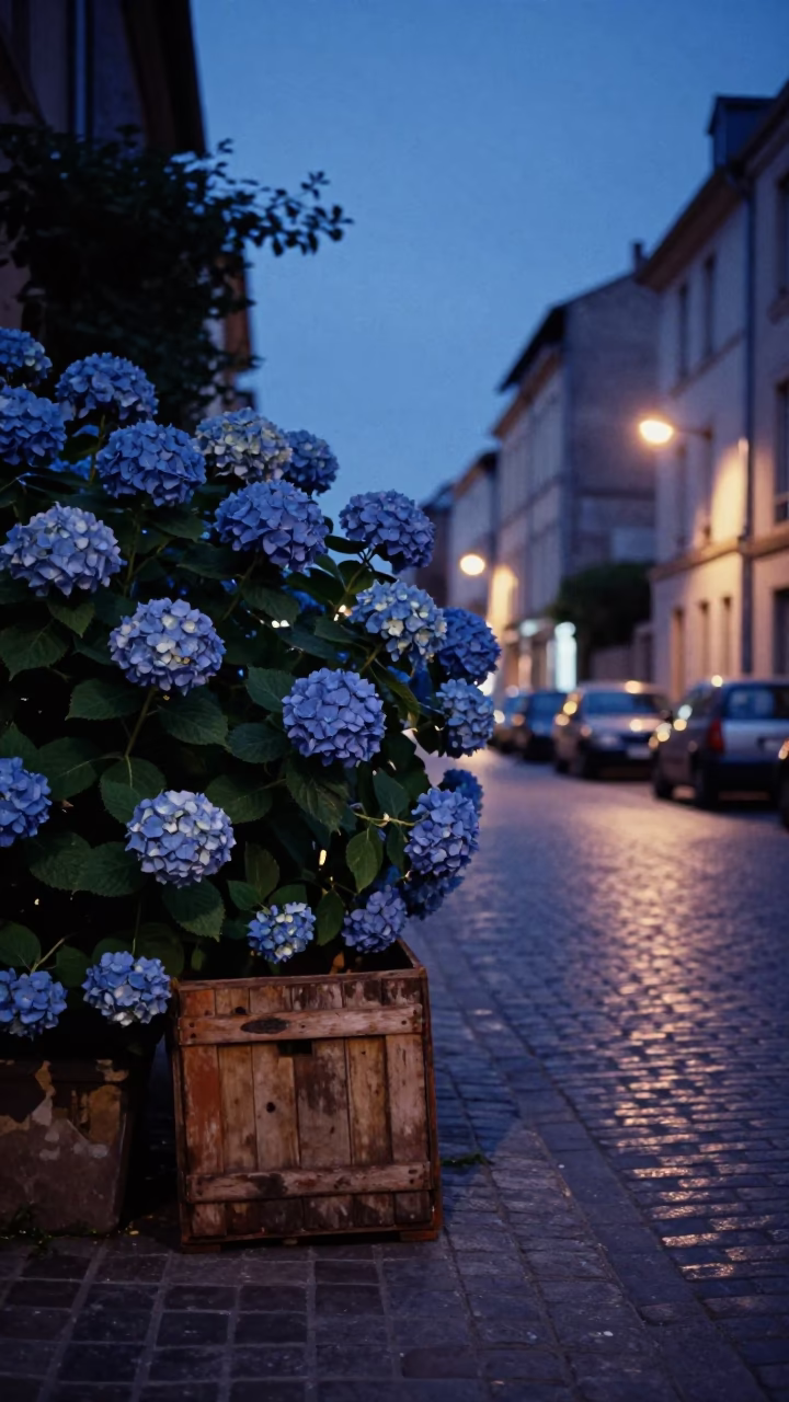 Nice France indigo twilight street scene with hydrangea bush and wooden crate in in Nice, France