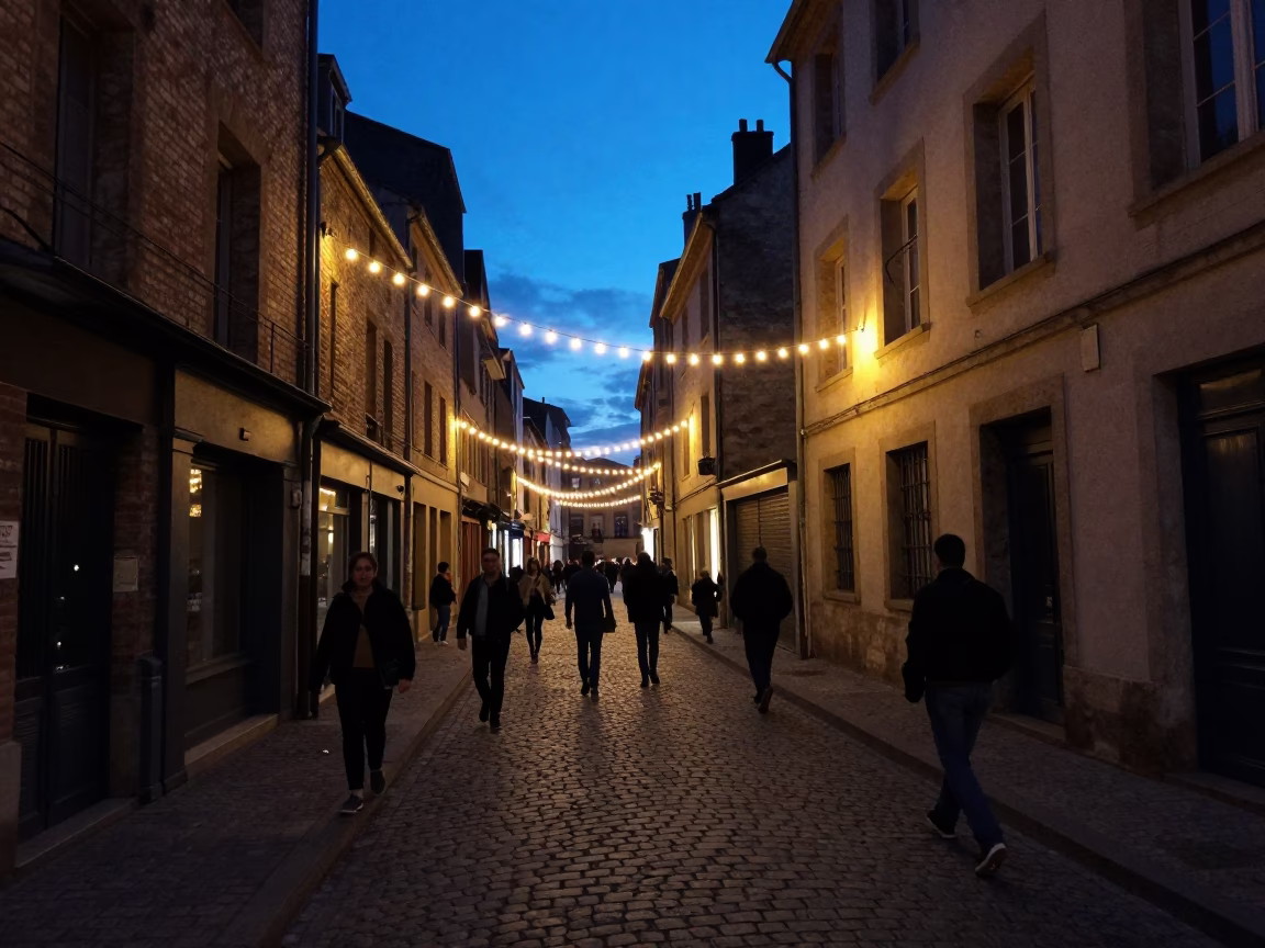 Nice France Indigo Twilight Street Scene with String Lights and Busy Evening Atmosphere in in Nice, France