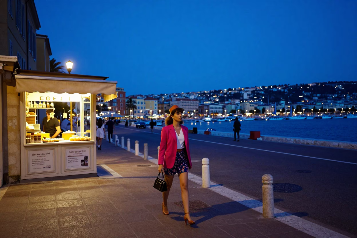 Nice France indigo twilight street scene with vintage fashion and local details in in Nice, France