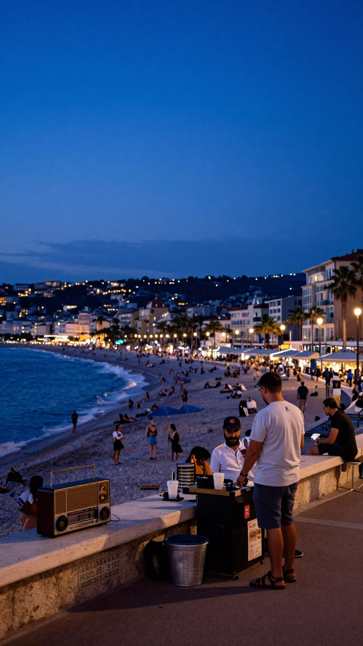 Nice France Indigo Twilight Street Scene with Vintage Radio and Rain Puddles in in Nice, France