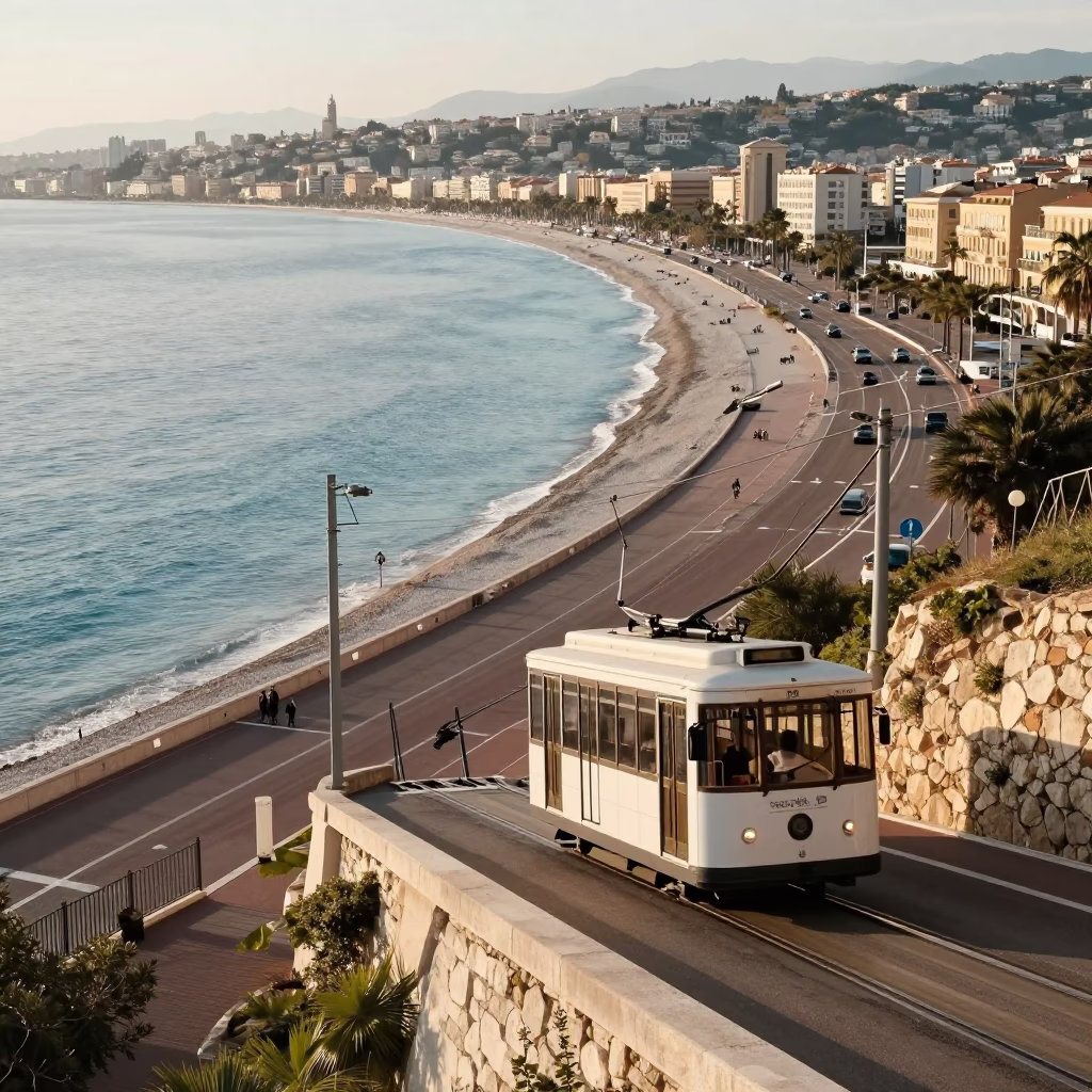 Nice France Morning Light on Promenade des Anglais with Funicular and Coastal Views in in Nice, France