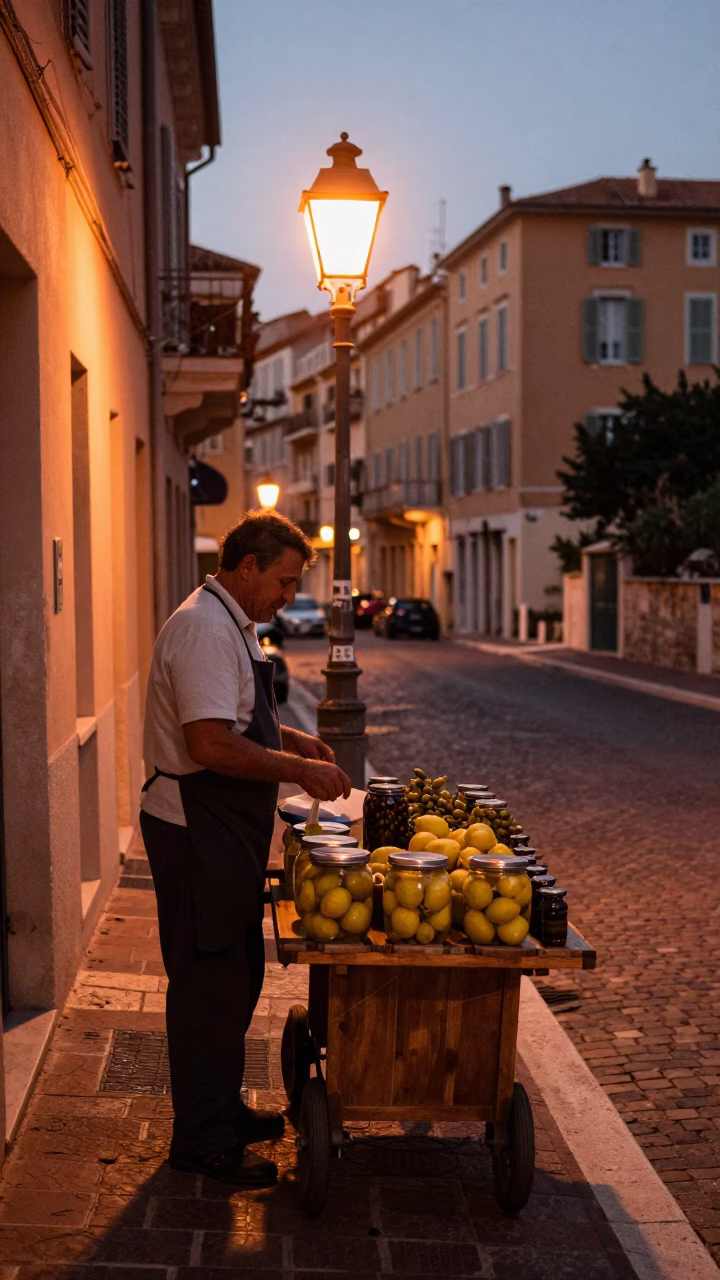 Nice France Street Scene Copper Light Before Dusk with Local Market Activity in in Nice, France