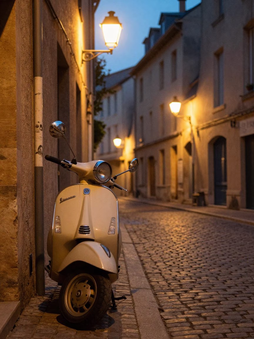 Nice Vespa Parked at As City Lights Begin To Glow in in Nice, France