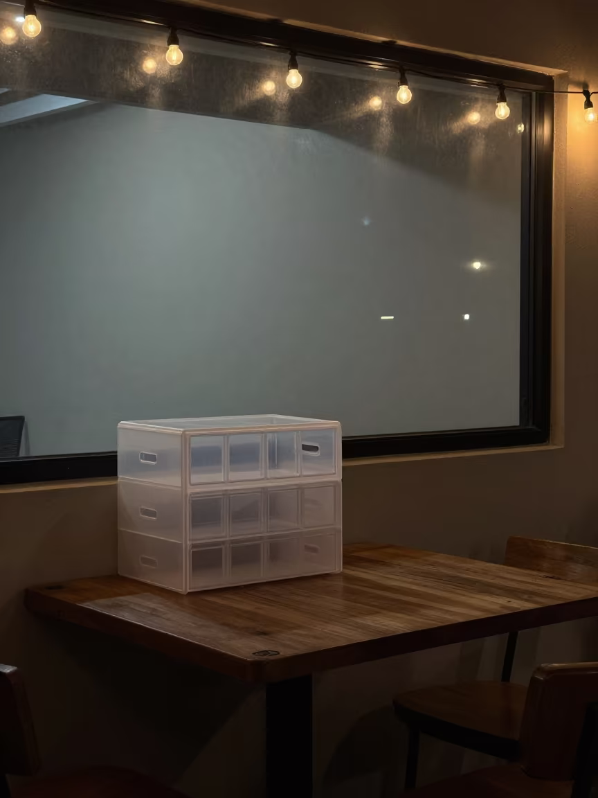 NICU Supply Cubby on Cafe Table Sucre in on a cafe table by a window in Sucre