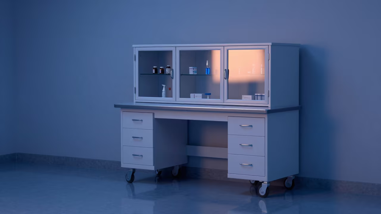 NICU Supply Cubby on Malatya Desk at Dusk in on a writing desk in Malatya