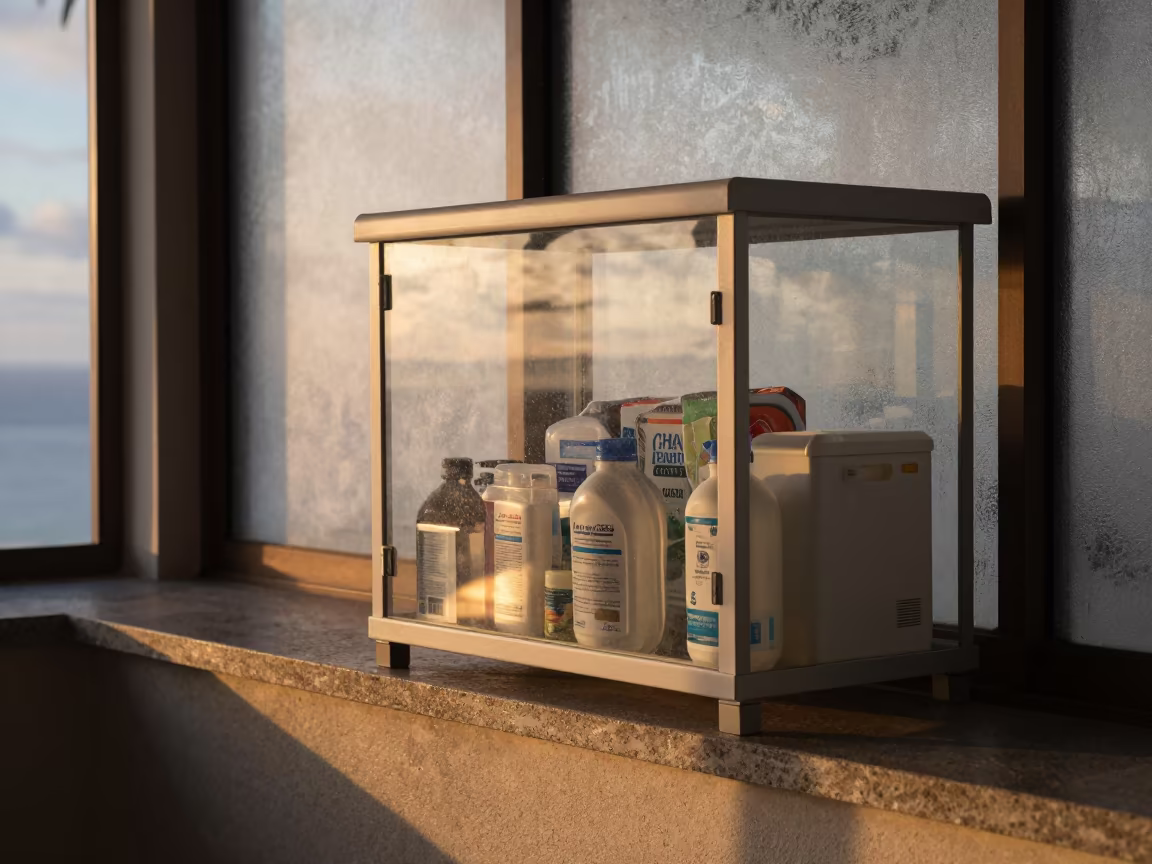 NICU Supply Cubby Sunset Light on Stone in on a stone ledge near Victoria Seychelles