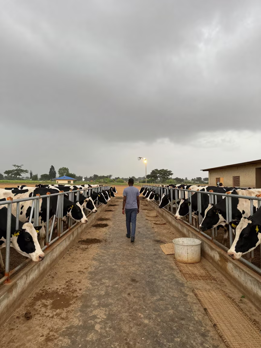 Niger Milking Parlor Gray Storm Light in in a stable aisle in Niger